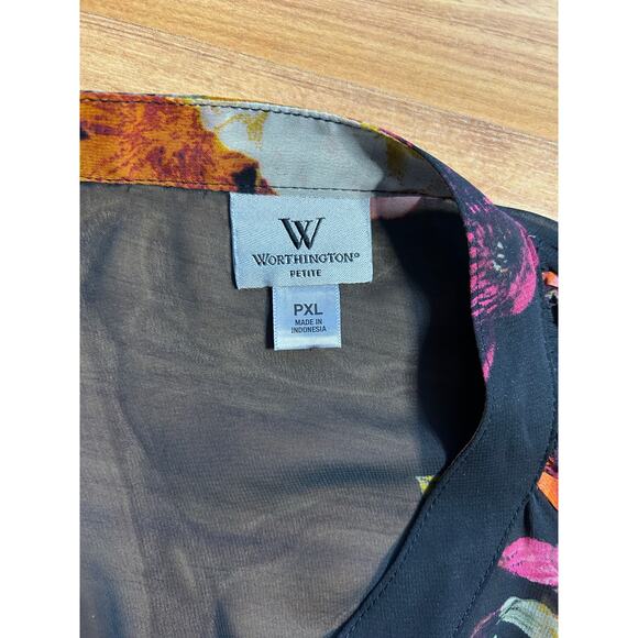 Worthington Black floral sheer long bishop sleeve button up blouse Whimsigoth XL - Picture 5 of 9